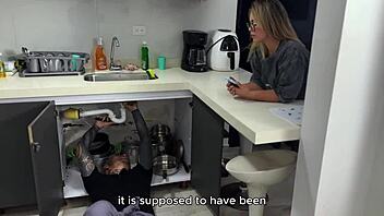 Hot Colombian calls plumber to fix pipe then rides cock doggystyle and facial