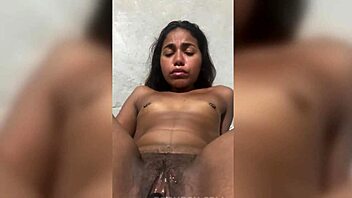latina babe takes cumshot cums hard on cock
