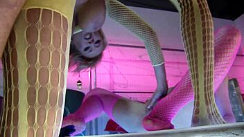 Threesome with two milfs in fishnet stockings