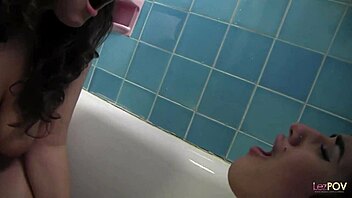 Busty Lesbians Devour Pussy With Dildo In Bathroom!