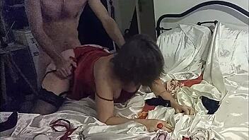 white slut red satin dress corset panties anal rimjob