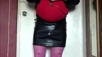 shy bisexual crossdresser in stockings shows pussy and cock