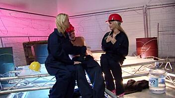 Threesome with two milfs in fishnet stockings