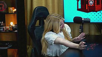 that tiny panty on the podcast table shows her whole wet pussy begging for it