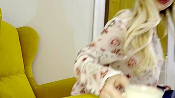 bored sexy blonde spreads legs wide while horny guy masturbates big cock