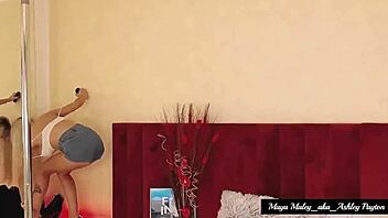 Blonde bombshell Maya strips teases with dildo fuck