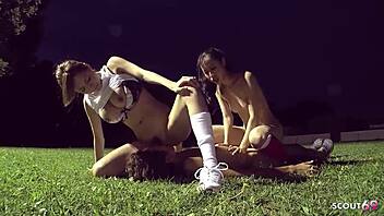 Older Japanese couple seduces skinny teen for outdoor FFM threesome