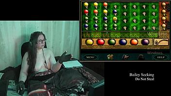 old tattooed brunette with big natural tits plays naked clock game part 2