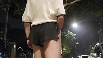 Shemale Ting Xuan flashes butt outdoors and cums hard on legs 💦🍑
