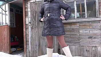 Golden shower challenge on frosty winter day outside