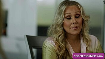 Blonde teen seduces busty stepmom julia ann for horny lesbian kissing and licking