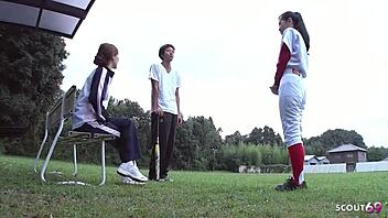 Older Japanese couple seduces skinny teen for outdoor FFM threesome