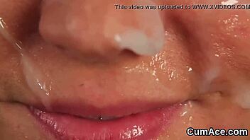 centerfold bombshell swallows bukkake facial jizz explosion