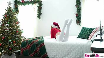 under the christmas tree, big ass redhead teen gives sloppy deepthroat blowjob