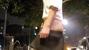 Shemale Ting Xuan flashes butt outdoors and cums hard on legs 💦🍑