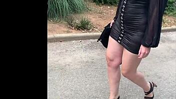 my wife struts in mini leather dress and sexy heels