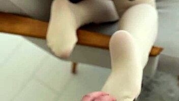 cute curly blonde nerd plays submissive foot fetish in nylons and socks
