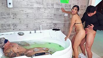 Cheating Wife Fucked Hard While Hubby Bathes Nearby