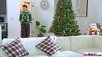 under the christmas tree, big ass redhead teen gives sloppy deepthroat blowjob