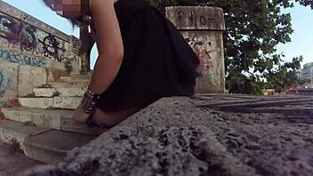 flashing pussy publicly then masturbating risky in city center 😈
