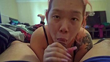 sexy asian delivers sloppy early morning blowjob ending in cum swallow