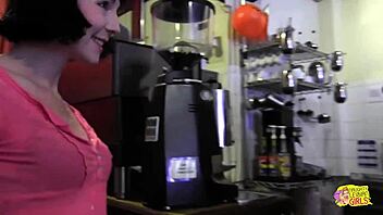 two skinny brunettes finger clits and lick in sexy restaurant toilet