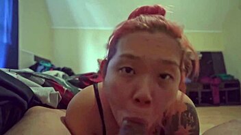 sexy asian delivers sloppy early morning blowjob ending in cum swallow