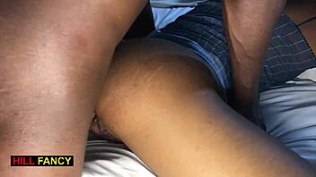 Sweet black student rides huge cock bareback in bed