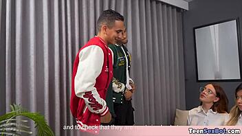 Cute glasses teen flat chest roughly fucked by two latinas in school corridor