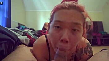 sexy asian delivers sloppy early morning blowjob ending in cum swallow