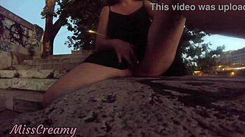 flashing pussy publicly then masturbating risky in city center 😈