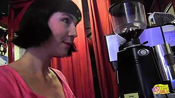 two skinny brunettes finger clits and lick in sexy restaurant toilet