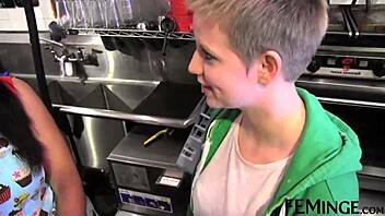 Blonde Step Sis Seduced By Brunette In Cafe 4K