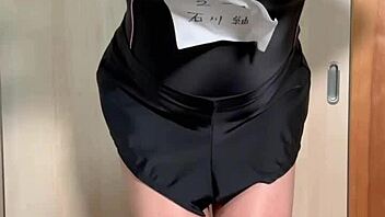 Cute Japanese teen in smelly swimsuit plugged anally shiny