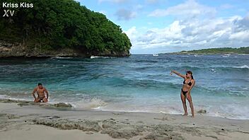 Hot brunette stranger deepthroats monster cock on beach!