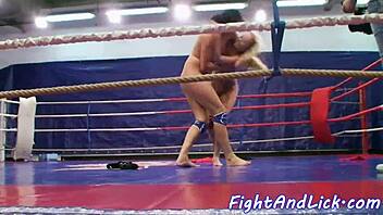 Lesbian wrestlers lick wet pussies passionately