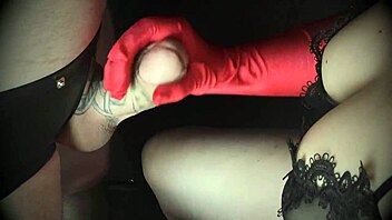 beautiful milf gives teasing cumshot handjob in sexy dress