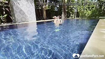 hot babe swims then teases my cock poolside homemade