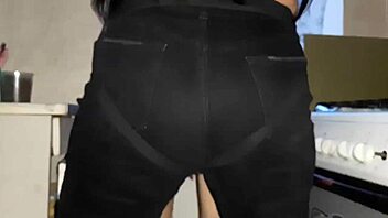 hot brunette loses anal virginity to strapon in kitchen