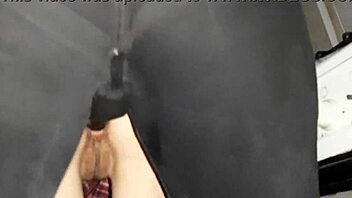 hot brunette loses anal virginity to strapon in kitchen