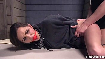 Bound babe squirts hard from rough rope choking fuck!