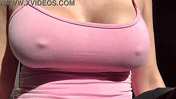 Big tits milf teases nipples in outdoor slow motion closeup