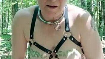 French Slave Bound in Forest Dogging Blowjob and Piss