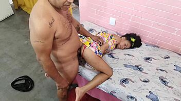 petite woman catches man watching porn and joins