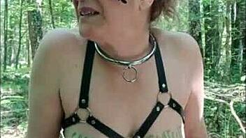 French Slave Bound in Forest Dogging Blowjob and Piss