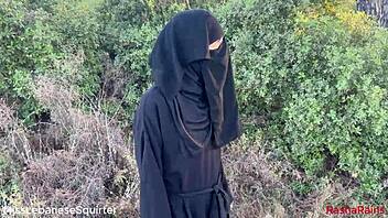 Arab amateur squirts wildly riding huge outdoor dildo