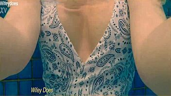 preview of hot wife flashing big tits in one-piece swimsuit at hotel pool