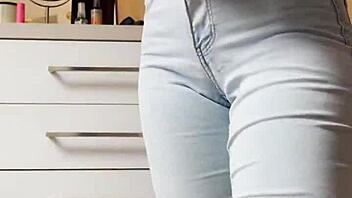 homemade petite blonde's tight jeans striptease dance