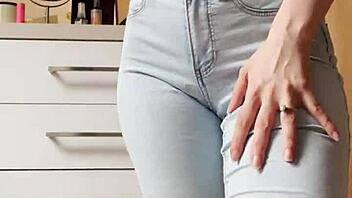 homemade petite blonde's tight jeans striptease dance