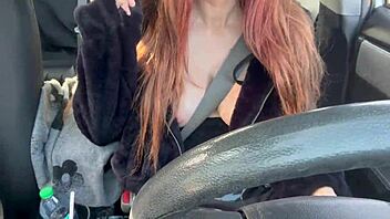 Sexy Italian milf flashes big juicy tits on street car ride